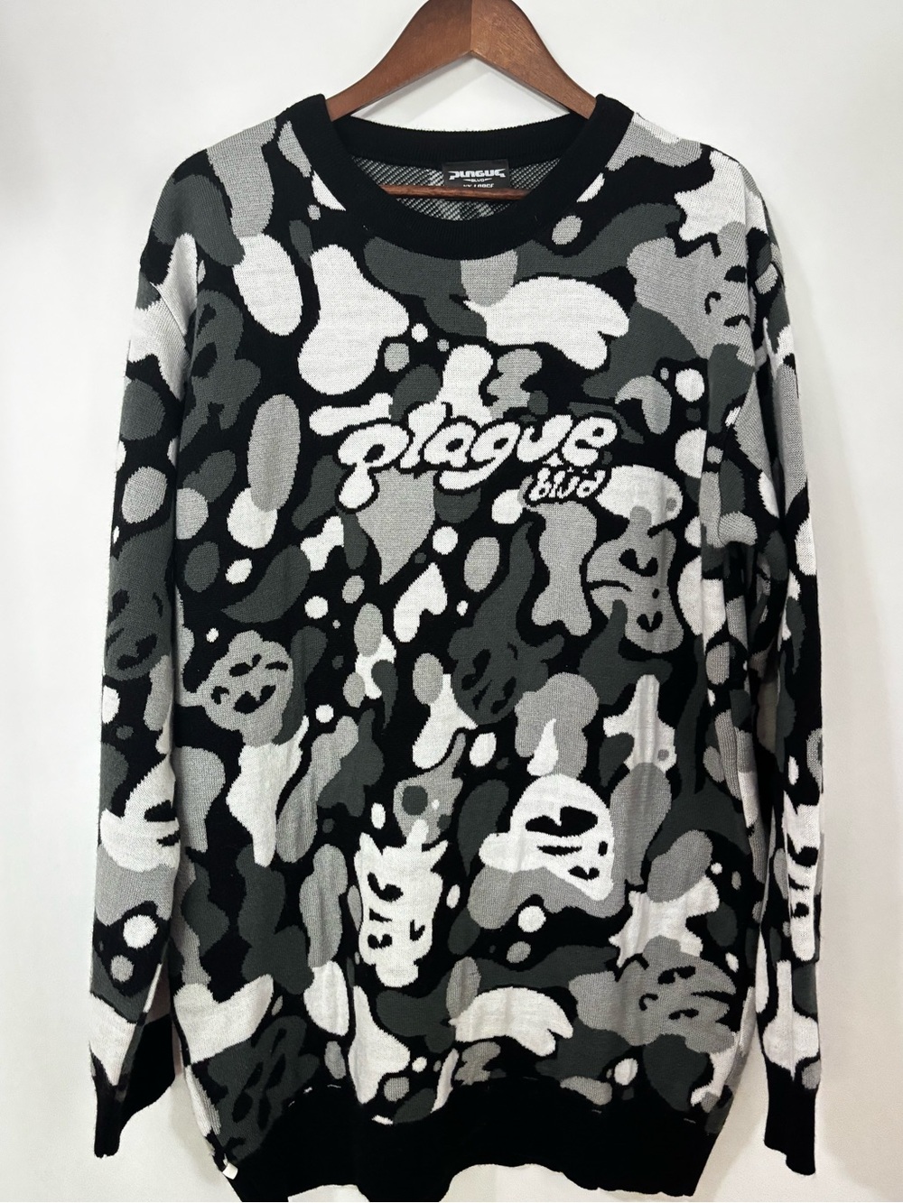 Plague Blvd XXL Black Gray Graphic Knit Sweater Y2K Streetwear Oversized